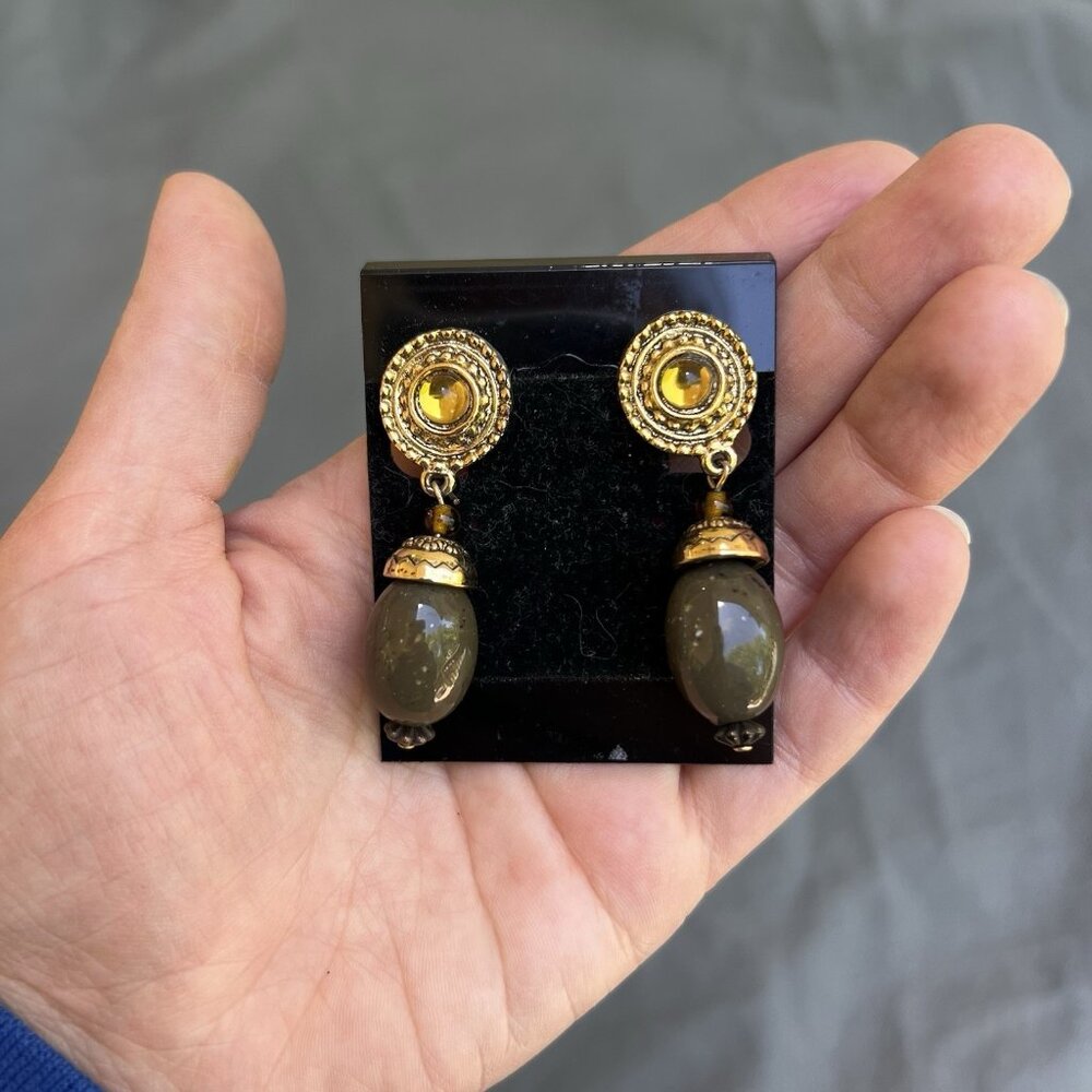 Ellen Designs Clip Earrings Dangle Green Gold Elegant Jewelry